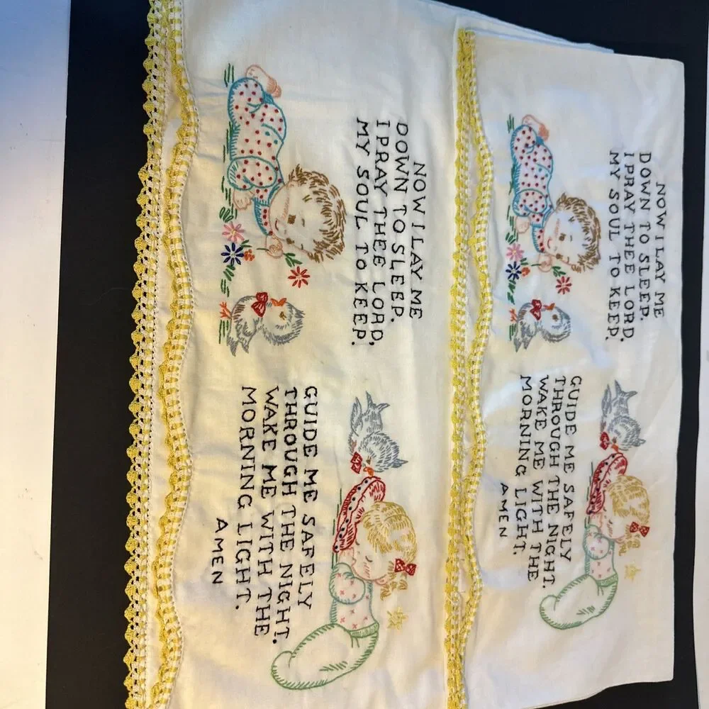 Hand stitched Pillowcases Now I Lay Me Down to Sleep Prayer Scalloped Trim